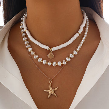 N2607 - Pearl Seashell Star Pendant Beach Necklace